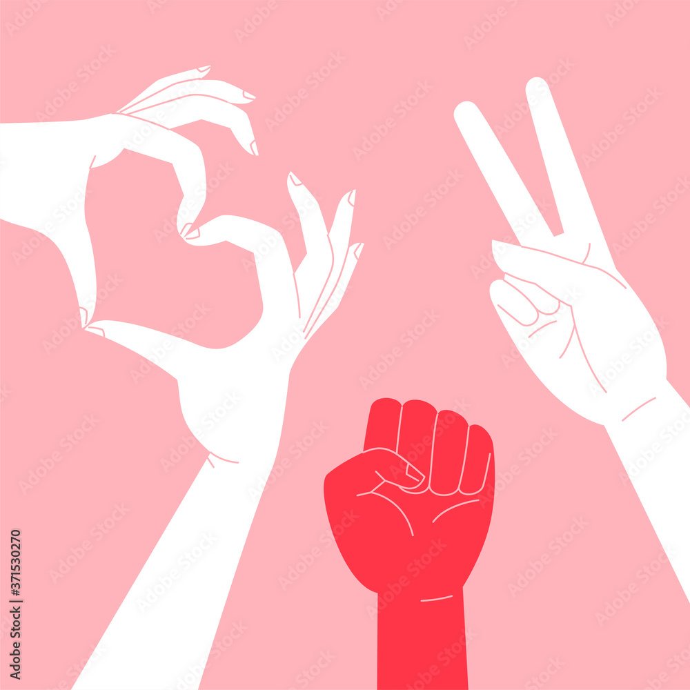 Obraz premium Belarus united opposition symbols flat illustration. Heart gesture, fist and victory gesture in Belarus white-red-white national flag colors. Freedom for Belarus