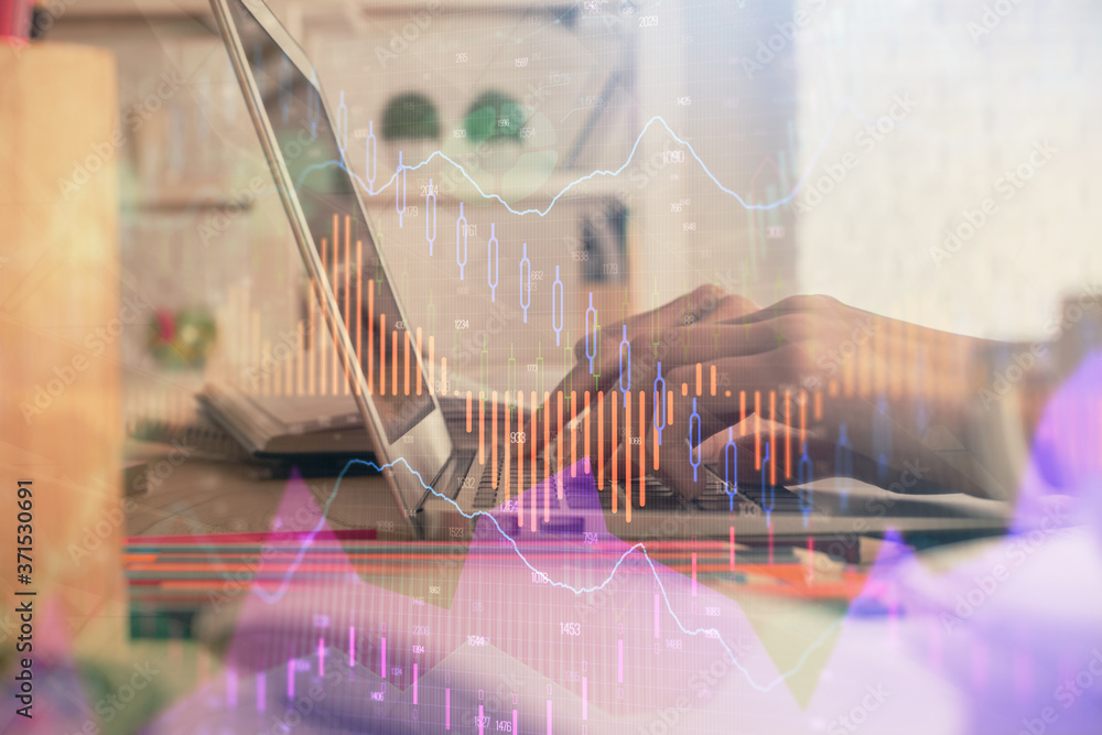 Double exposure of woman hands typing on computer and forex chart hologram drawing. Stock market invest concept. Double exposure of woman hands typing on computer and forex chart hologram drawing. Stock market invest concept.