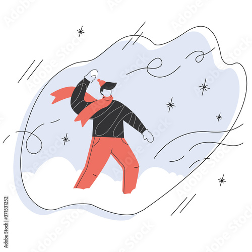 Man playing snowballs. Winter activity vector illustration in trendy flat style 