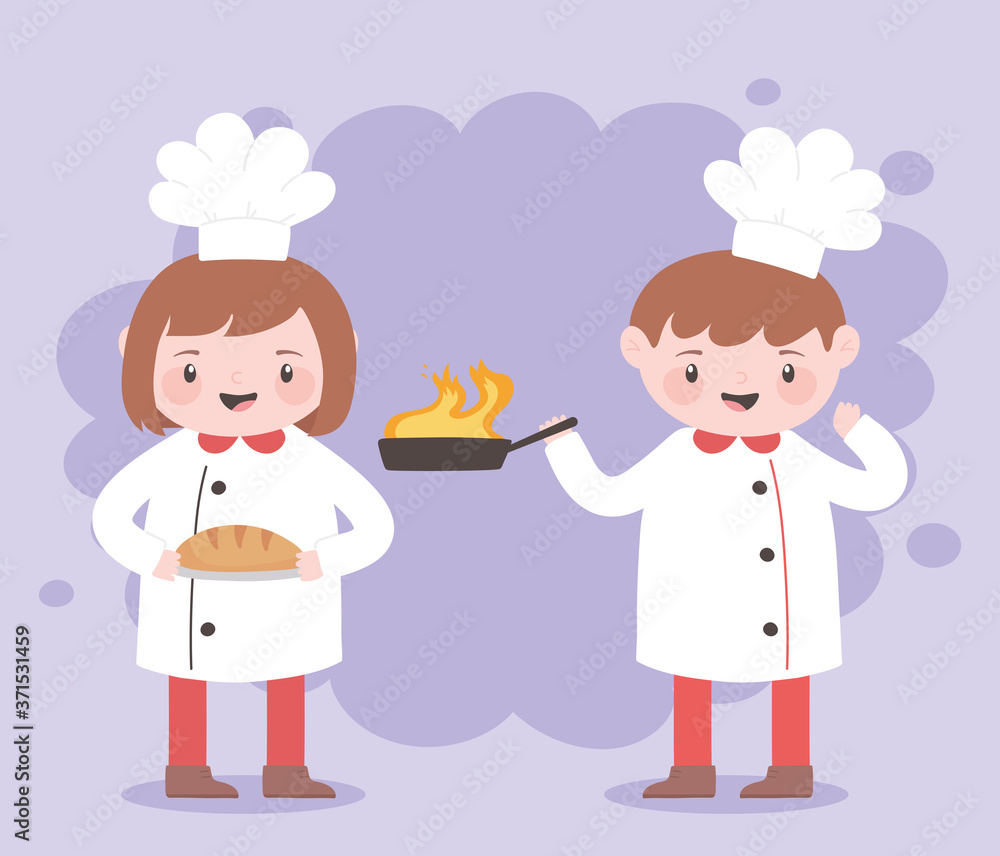 chefs boy and girl cartoon character with fried pan and bread chefs boy and girl cartoon character with fried pan and bread