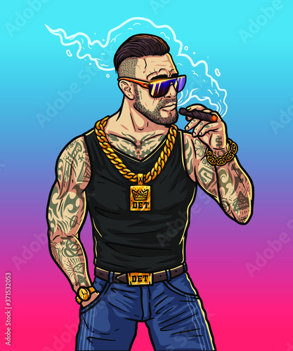Rich boy - cartoon character. Bearded man in tattoos. Boss gangster in sunglasses and gold chain. Brutal man smokes a cigar near club. Rapper in tattoos with cigar in hand. Swag vector illustration