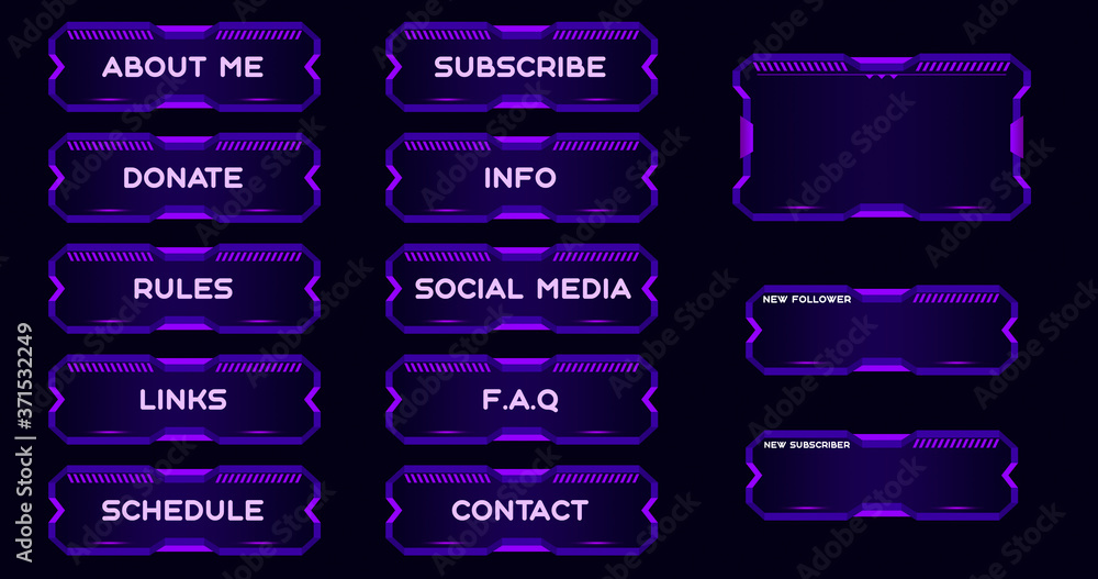 Twitch set of modern purple gaming panels and overlays for live streamers. Design alerts and