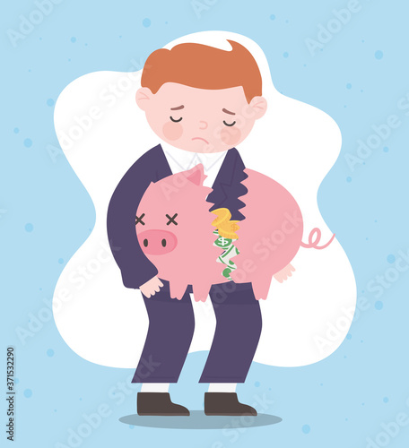 bankruptcy sad businessman holding broken piggy bank with money business financial crisis
