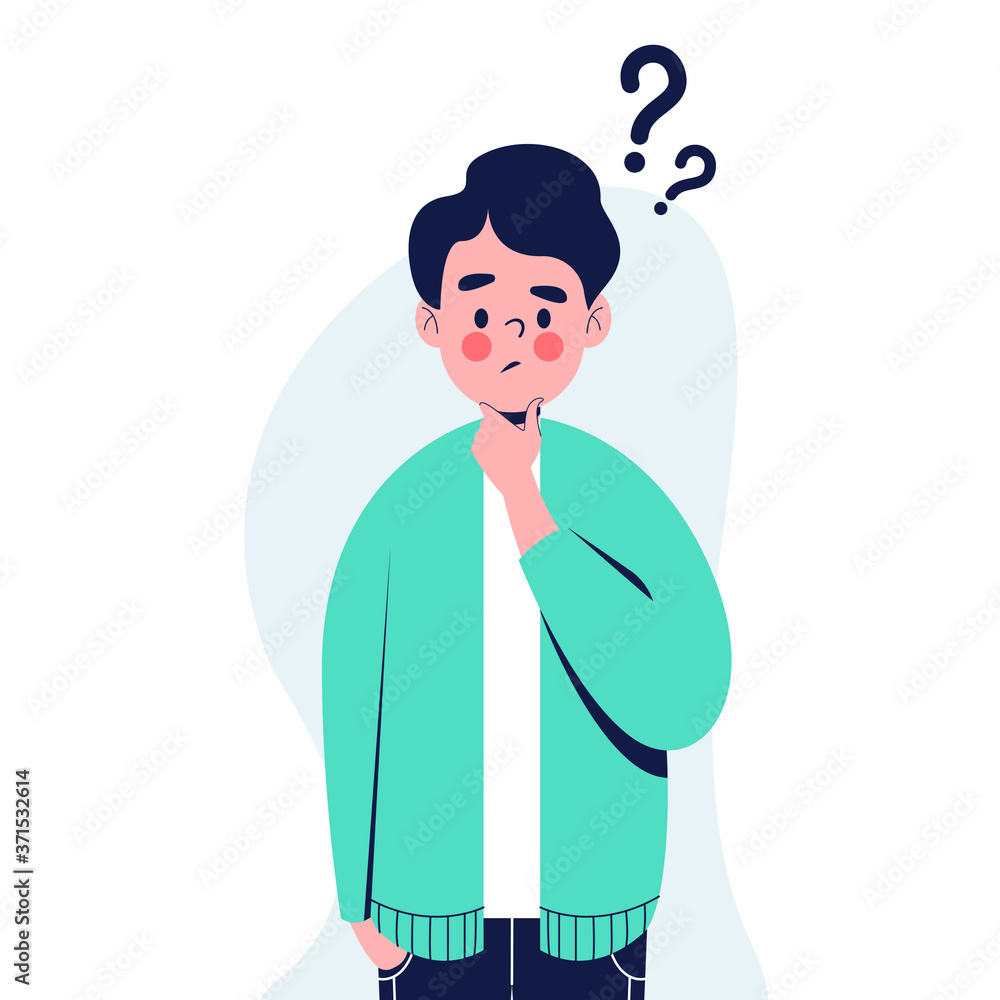 Young man thinking of something flat design vector illustration Young man thinking of something flat design vector illustration
