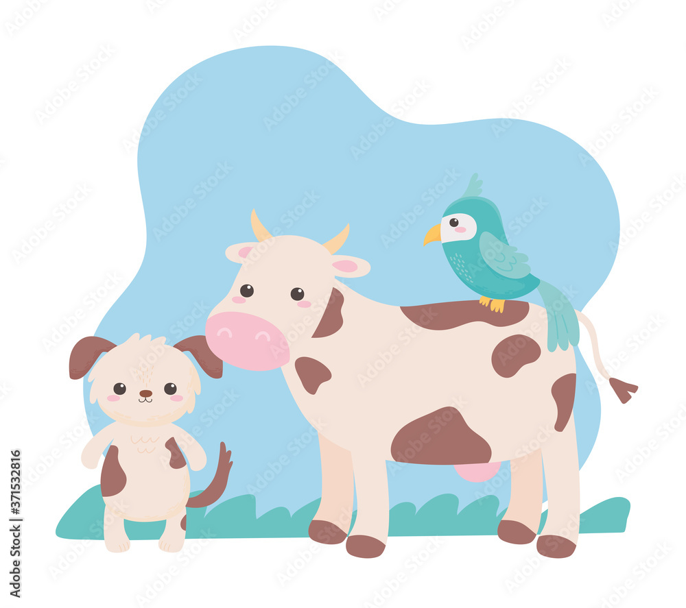 cute dog cow and parrot cartoon animals in a natural landscape cute dog cow and parrot cartoon animals in a natural landscape