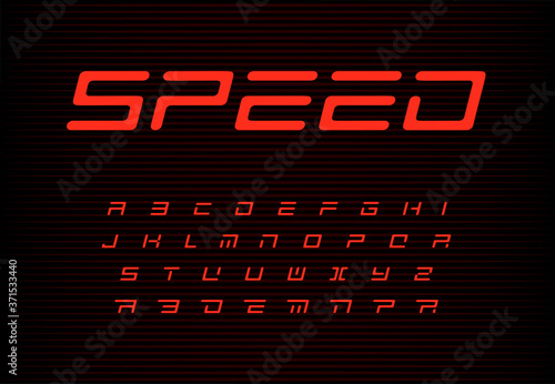 Speed letters set. Red auto vector alphabet. Automotive headline font. Dynamic style ABC, sport power monogram and poster template. Typography design