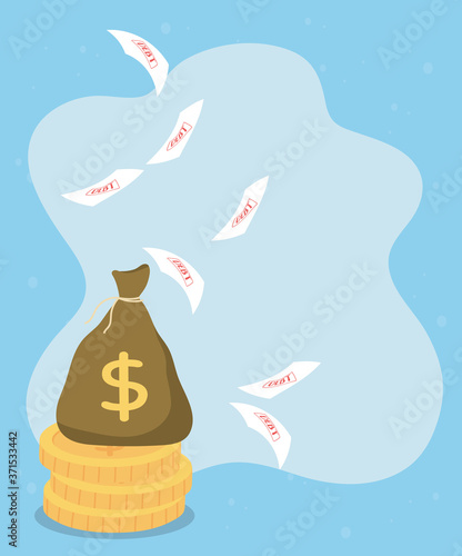 bankruptcy business financial crisis bag money coins and falling debt documents