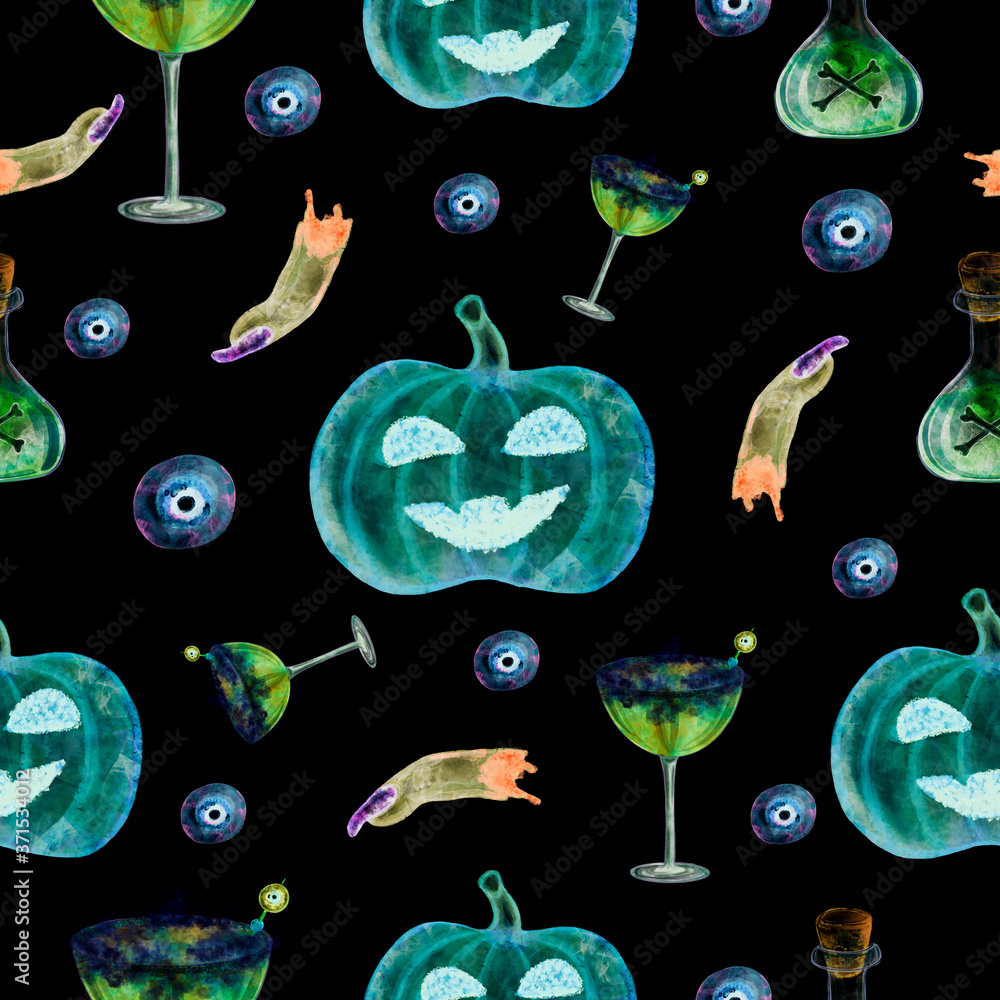 Abstract blue pumpkin, green punch, eyeball, croped finger seamless pattern. Hand drawn watercolor halloween digital paper. Wrapping design for Halloween party, cards, backgrounds. Isolated on black.