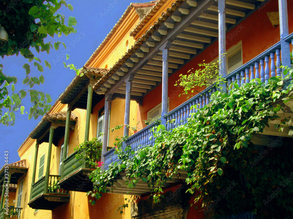 Balcony , old house in Ancient walled city in Cartagena Colombia 
