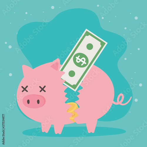 bankruptcy broken piggy bank with money banknote and coins business financial crisis