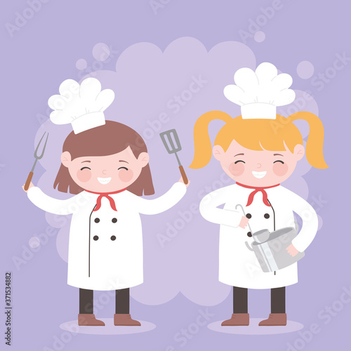 chefs girls with fork and pot kitchen cartoon character