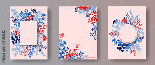 Tropical herb twigs, tree branches, flowers floral invitation cards set. Herb...