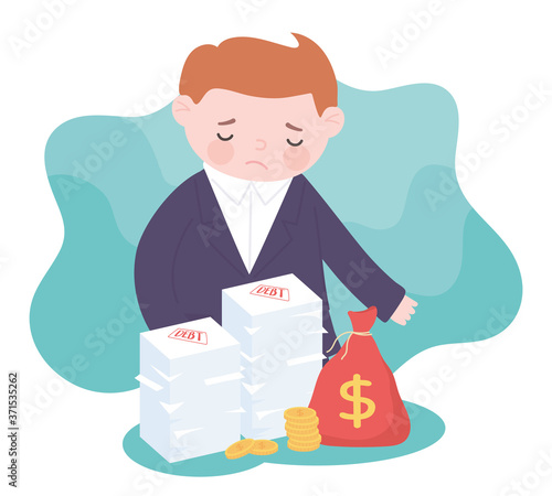 bankruptcy sad businessman bag money coins and debt stacked business financial crisis