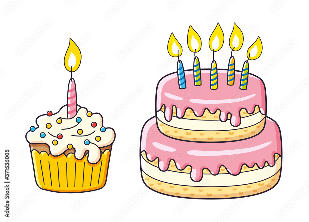 Birthday cupcake and big cake with candles isolated Birthday cupcake and big cake with candles isolated