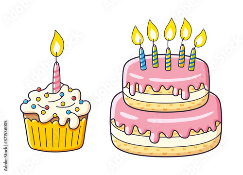 Birthday cupcake and big cake with candles isolated