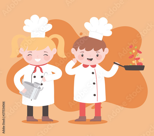 chefs girl and boy with ladle saucepan and vegetables cartoon character