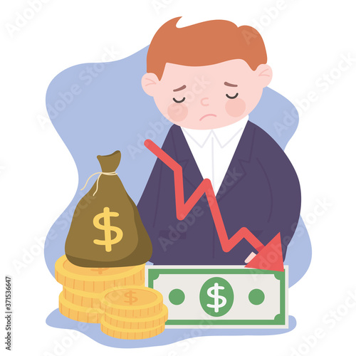 bankruptcy sad businessman money bag banknotes coins down arrow business financial crisis