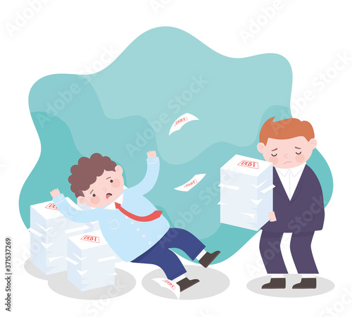 bankruptcy worried businessmen with stack of debt papers business financial crisis