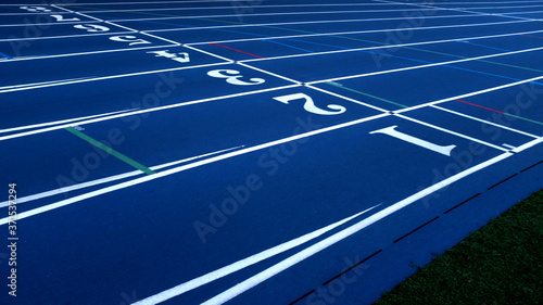 Blue Running Track with White Lane Numbers and Green Turf