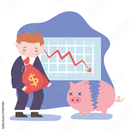 bankruptcy sad businessman bag money piggy bank and down chart report business financial crisis