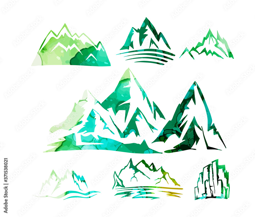 Set of blue and green mountains. Colorful mountains. Mixed media. Vector illustration Set of blue and green mountains. Colorful mountains. Mixed media. Vector illustration