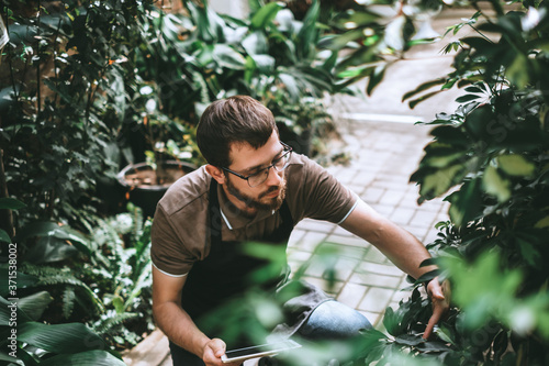 Young man gardener in glasses and apron with digital tablet working in a garden center for better quality control. Environmentalist using digital tablet in greenhouse.