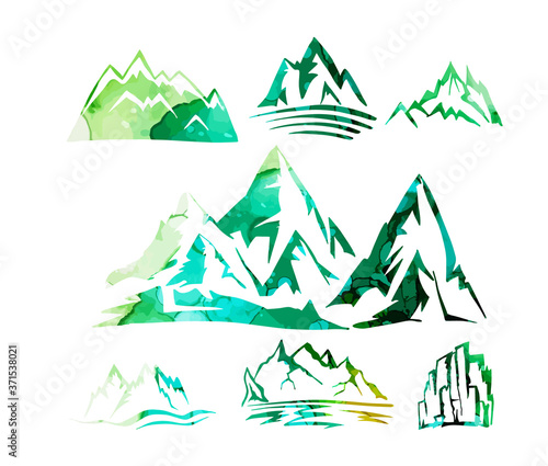 Set of blue and green mountains. Colorful mountains. Mixed media. Vector illustration
