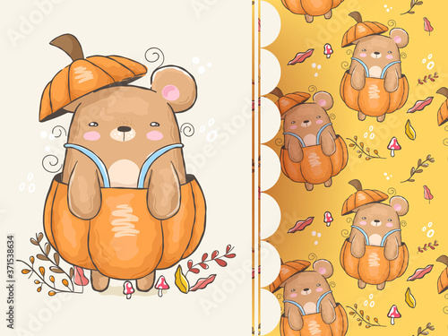 Beautiful bear inside pumpkin with pattern background