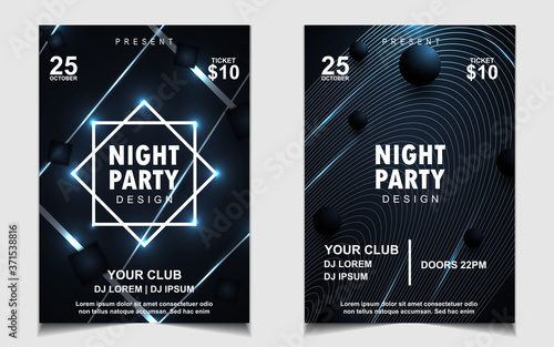 Poster design background for music concert event festival and party celebration with dark blue navy and disco light shine. Elegant vector layout flyer can use for club night invitation  with elegant 