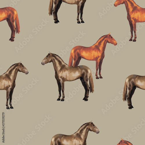 seamless background of realistic figures of horses, on a beige background for packaging, postcards, notebooks, fabrics