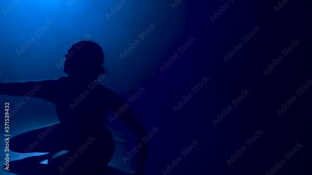 Diligent young graceful ballerina dancing elements of classical ballet. Shot in the dark with light and smoke on the background. A slender young girl is silhouetted. Slow motion. Diligent young graceful ballerina dancing elements of classical ballet. Shot in the dark with light and smoke on the background. A slender young girl is silhouetted. Slow motion.