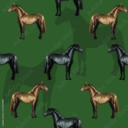 seamless background of realistic figures of horses  on a dark green background for packaging  postcards  notebooks  fabrics