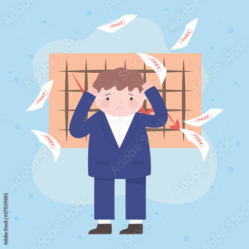 bankruptcy sad businessman fall debt papers and arrow chart business financial crisis