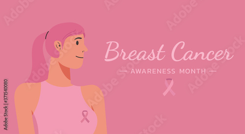 breast cancer awareness for support and health care concept, beautiful pink hair girl with typography quote and ribbon, character vector flat illustration 