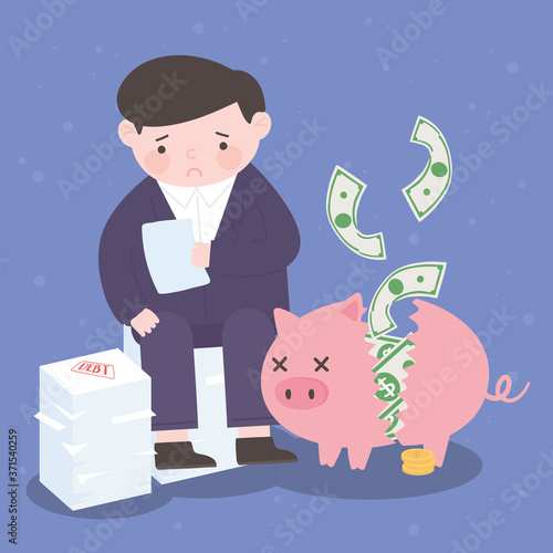 bankruptcy sad businessman piggy bank banknotes money business financial crisis