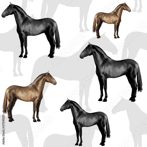 seamless background of realistic figures of horses  on a white background for packaging  postcards  notebooks  fabrics