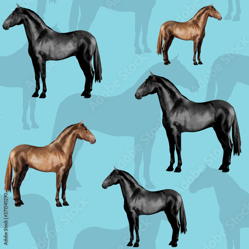 seamless background of realistic figures of horses, on a blue background for packaging, postcards, notebooks, fabrics