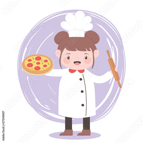 chef girl with pizza and roller pin cartoon character