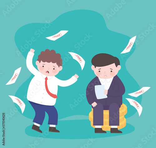 bankruptcy fallin debt papers and sad businessmen on coins business financial crisis