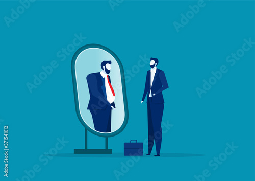 business man looking mirror and seeing themselves as fat person. Underestimate yourself and obsession pretend concept.