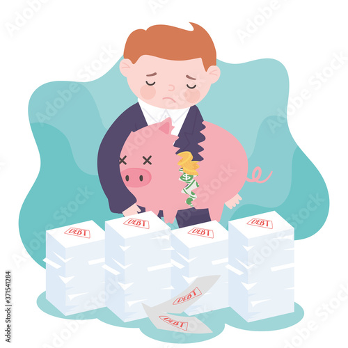 bankruptcy sad businessman holding broken piggy bank with money and debt papers business financial crisis