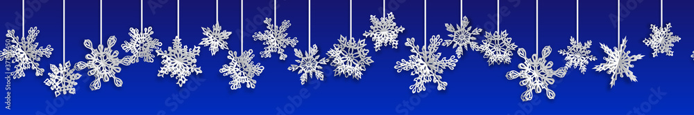 Christmas seamless banner with volume paper snowflakes with soft shadows on blue background. With horizontal repetition Christmas seamless banner with volume paper snowflakes with soft shadows on blue background. With horizontal repetition
