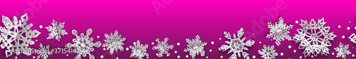 Christmas seamless banner with volume paper snowflakes with soft shadows on pink background. With horizontal repetition