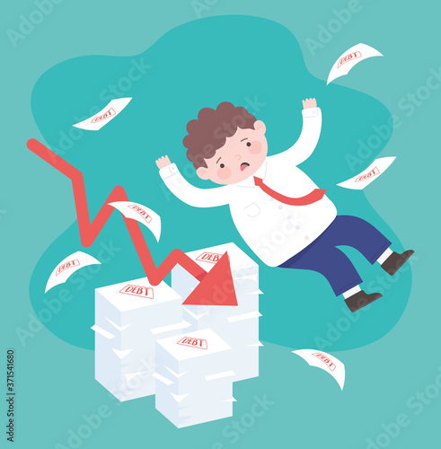 bankruptcy falling sad businessman arrow with debt sheets business financial crisis