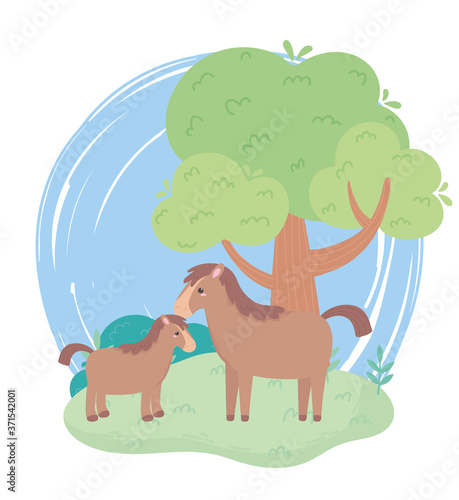 cute horse and foal tree bush grass cartoon animals in a natural landscape