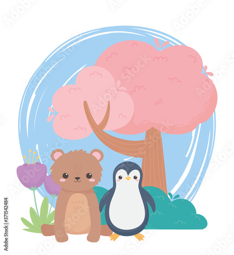 little penguin bear tree and flowers cartoon animals in a natural landscape
