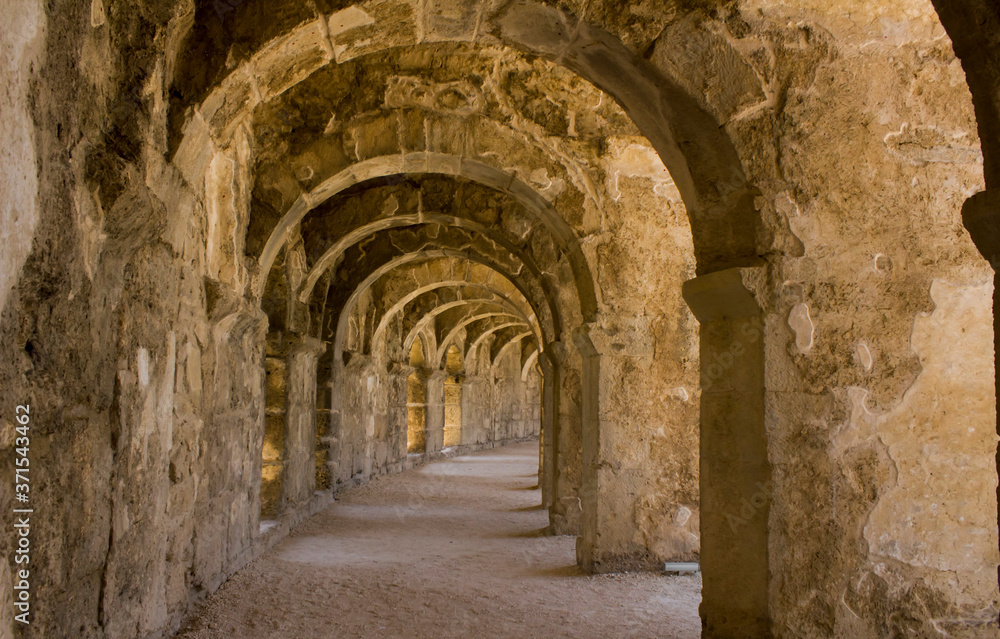 Close-up taken of  the top floor of Aspendos Antic Theatre in Antalya city in the Turkey