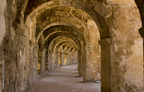 Close-up taken of the top floor of Aspendos Antic Theatre in Antalya city in the Turkey