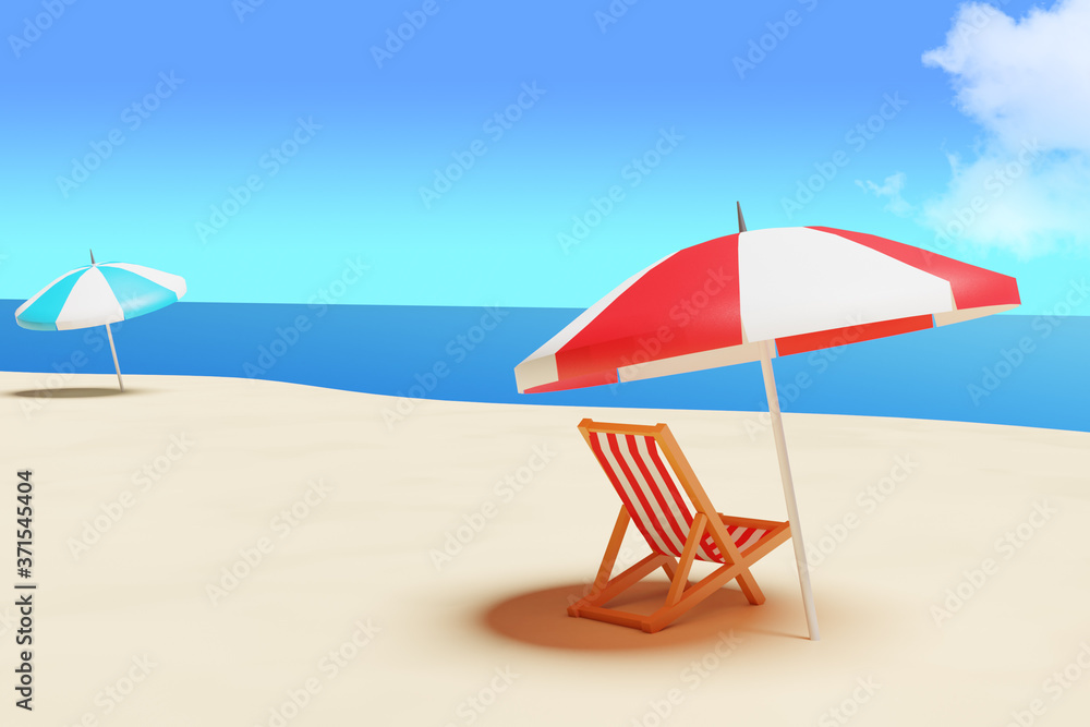 3D illustration of Parasols and beach chairs under a summer blue sky