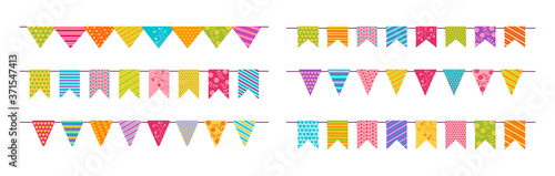 Flag garland bunting birthday party flat set. Anniversary, celebration party hanging pattern flags cartoon collection. Buntings pennants celebration, festival decoration. Isolated vector illustration